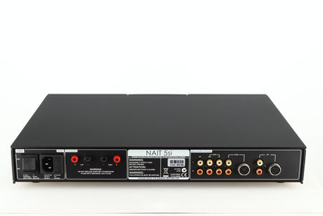 Rear view of a used Naim NAIT 5si Integrated Amplifier in a black finish showing Speaker Inputs, Mains Input and Phono Inputs