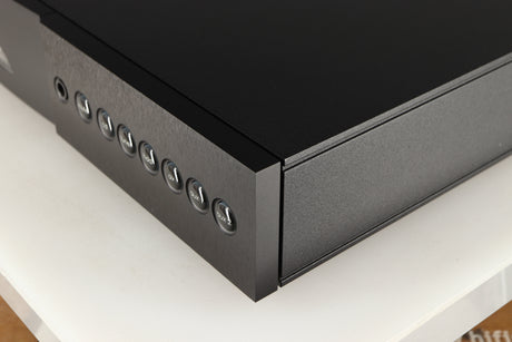 Front right corner of a used Naim Nait XS-2 Integrated Amplifier in a black finish