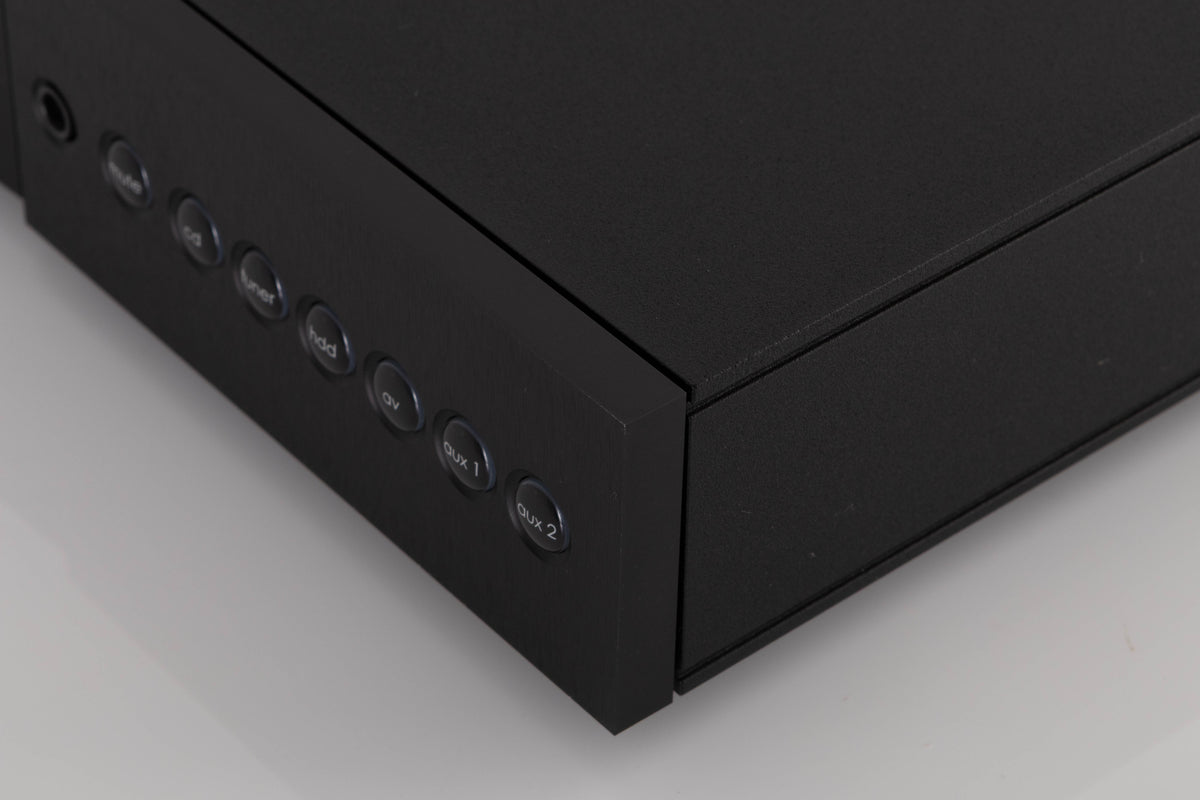 Front right corner of a used Naim Nait XS-2 Integrated Amplifier in a Black finish