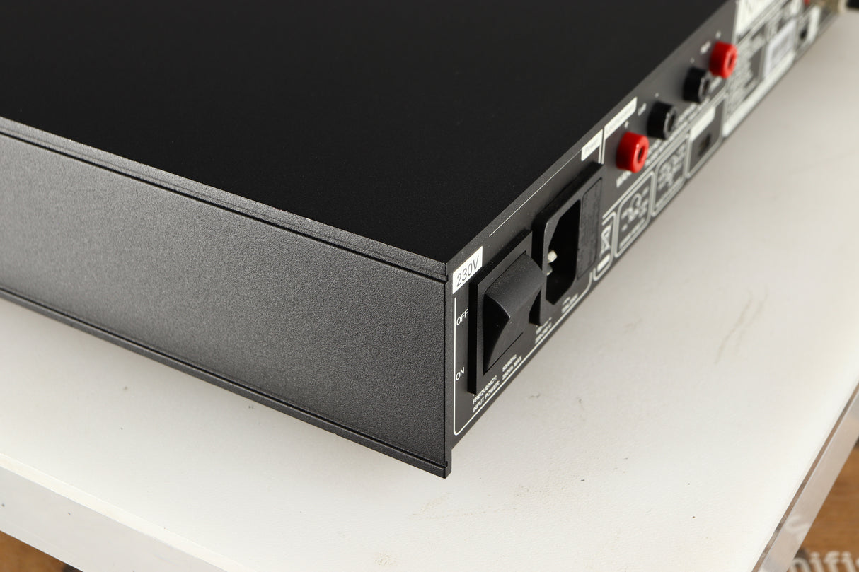 Rear right corner of a used Naim Nait XS-2 Integrated Amplifier in a black finish