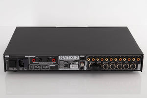 Rear view of a used Naim Nait XS-2 Integrated Amplifier in a Black finish showing Mains Input, USB Input, Audio Inputs and Audio Outputs