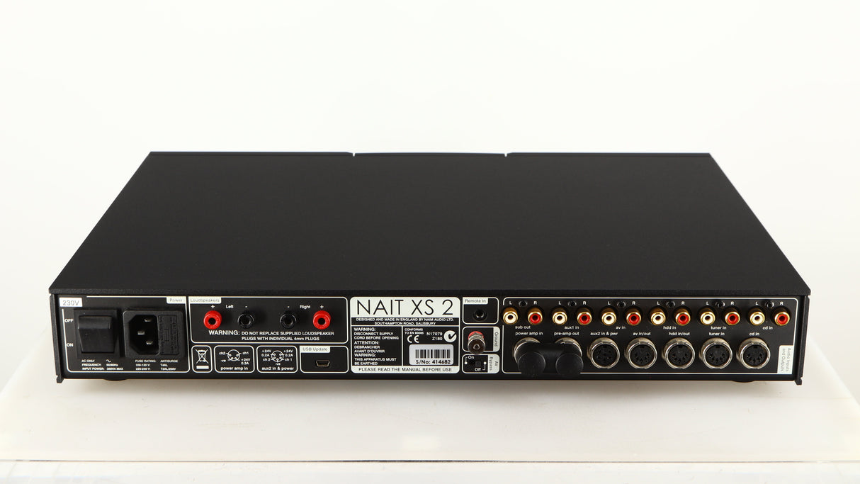 Rear view of a used Naim Nait XS-2 Integrated Amplifier in a black finish showing Phono Inputs, Phono Outputs, USB Input, Speaker Outputs, Mains Input, XLR Inputs and XLR Outputs