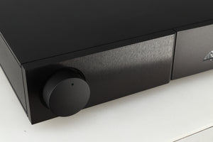 Close up view of a used Naim Nait XS-2 Integrated Amplifier showing the left side of the fascia 