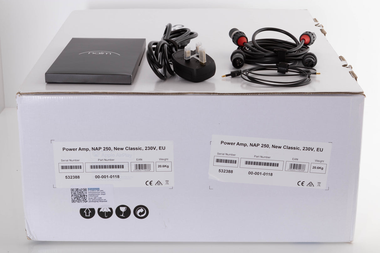 Box of a used Naim NAP 250 Power Amplifier with mains cable, manual, 2x XLR cables, and optical cable