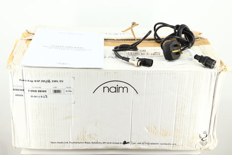 Box for a used Naim NAP 250 Power Amplifier showing Manual, Mains Cable and SNAIC4