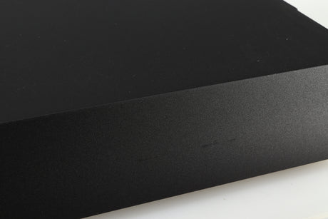 Close up of a used Naim NAP 250 Power Amplifier in a black finish showing scratches on right side