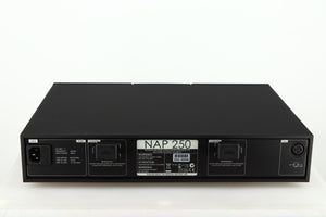 Rear view of a used Naim NAP 250 Power Amplifier in a black finish showing Mains Input and 2 Link Plugs