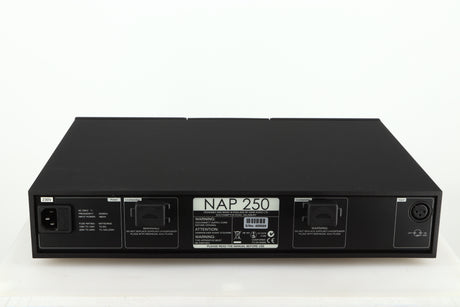 Rear view of a used Naim NAP 250 Power Amplifier in a black finish showing Mains Input and 2 Link Plugs