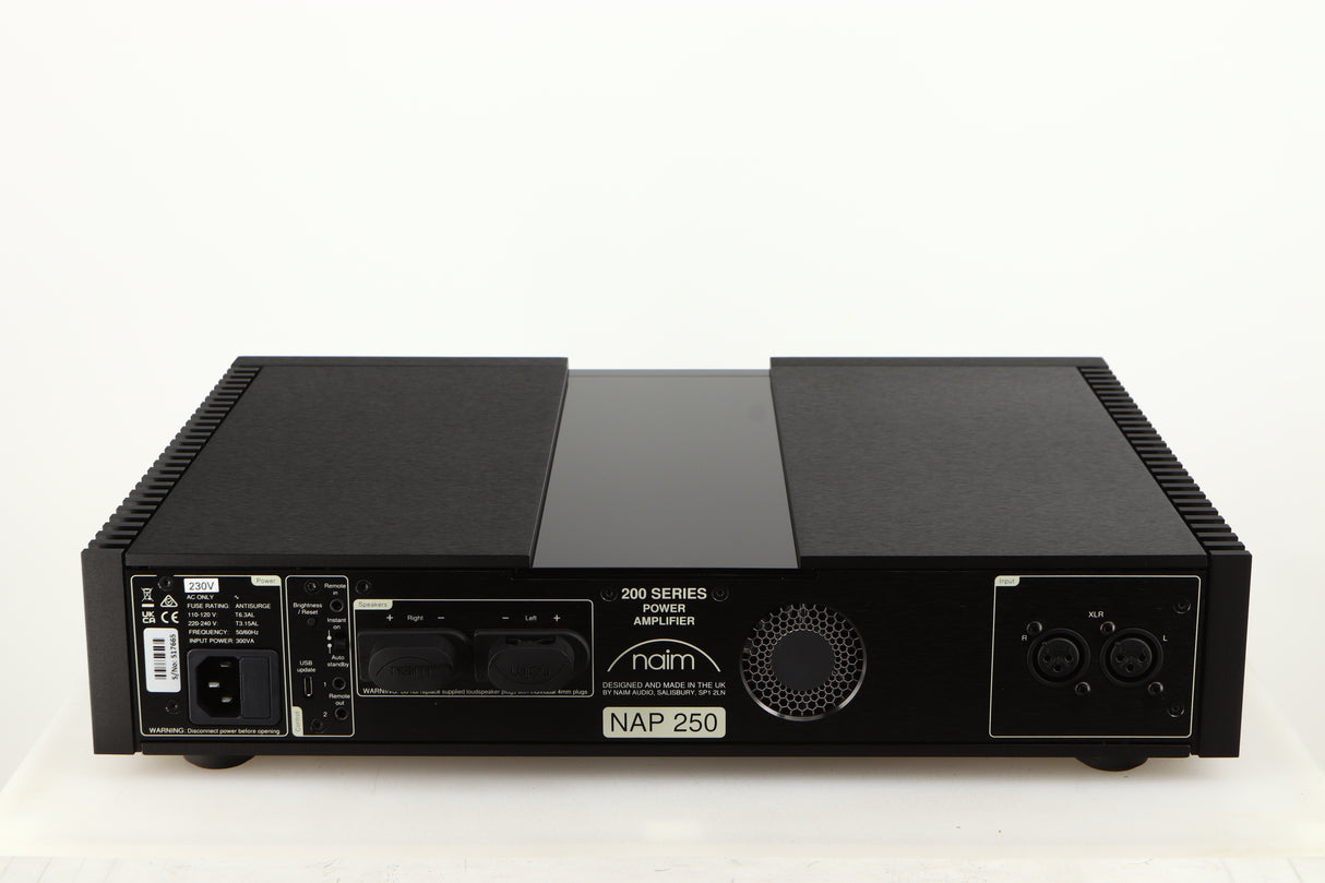 Rear view of a used Naim NAP 250 Power Amplifier in a black finish showing Mains Input and XLR Inputs