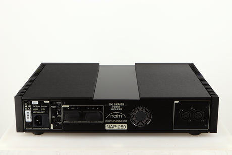 Rear view of a used Naim NAP 250 Power Amplifier in a black finish showing Mains Input and XLR Inputs