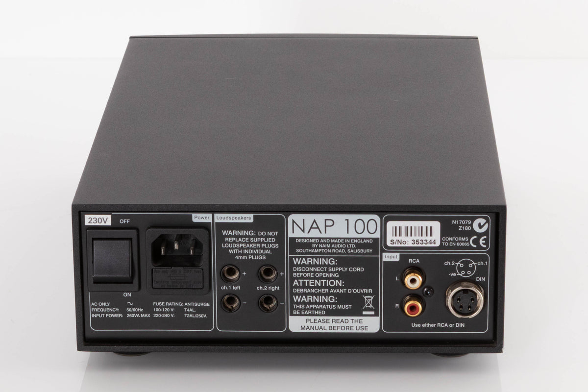 Rear view of a used Naim NAP100 Power Amplifier in a Black finish showing Phono Inputs, DIN Input and Mains Input