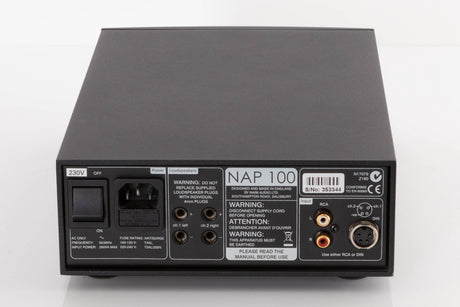 Rear view of a used Naim NAP100 Power Amplifier in a Black finish showing Phono Inputs, DIN Input and Mains Input