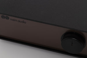 Close up of a used Naim NAP140 Power Amplifier in a Black finish showing fascia