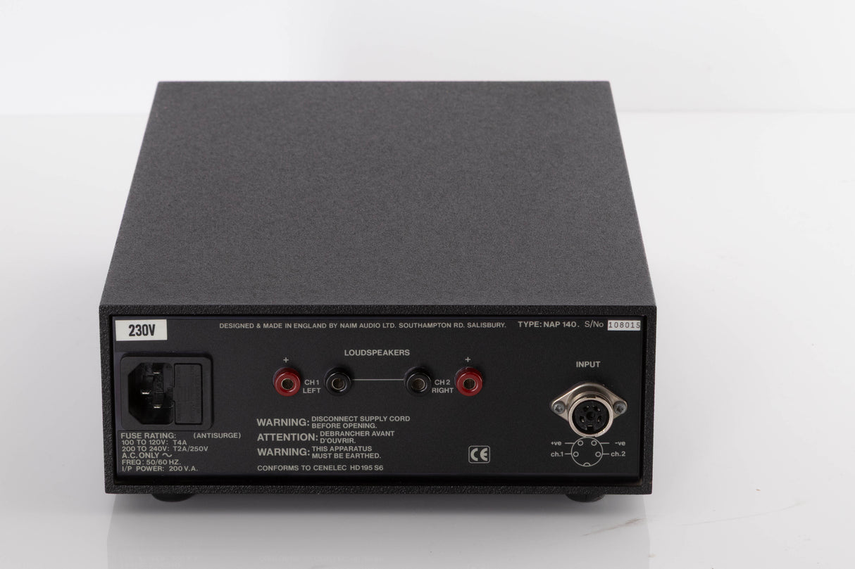 Rear view of a used Naim NAP140 Power Amplifier in a Black finish showing Main Input and SNAIC Input