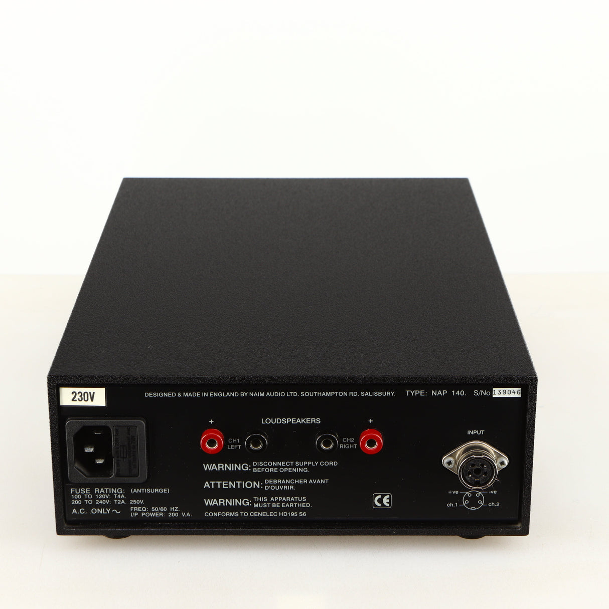 Rear view of a used Naim NAP140 Power Amplifier in a black finish showing Mains Input, SNAIC Input and Speaker Outputs