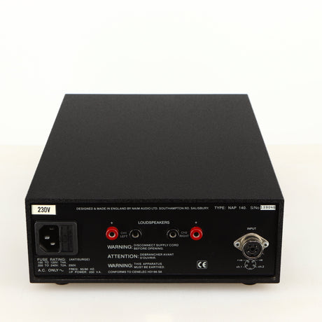 Rear view of a used Naim NAP140 Power Amplifier in a black finish showing Mains Input, SNAIC Input and Speaker Outputs