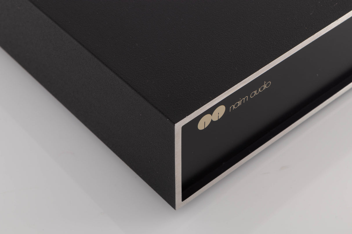 Front left corner of a used Naim NAP160 Power Amplifier in a Black finish