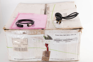 Box for a used Naim NAP250-2 Power Amplifier in a Black finish showing Manual, SNAIC4 and Mains Cable