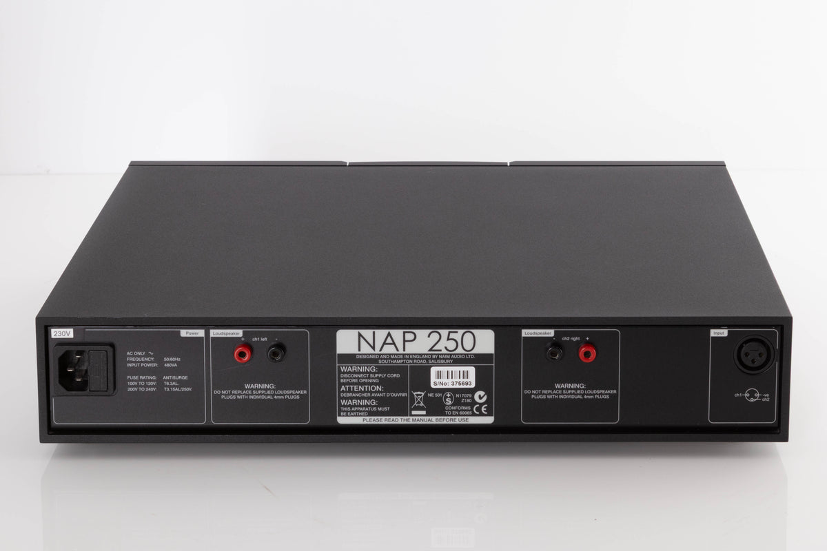 Rear view of a used Naim NAP250-2 Power Amplifier in a Black finish showing XLR Input and Mains Input