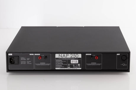 Rear view of a used Naim NAP250-2 Power Amplifier in a Black finish showing XLR Input and Mains Input