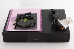 Top of a used Naim NAP250 DR Power Amplifier in a Black finish showing Manual, Mains Cable and SNAIC4