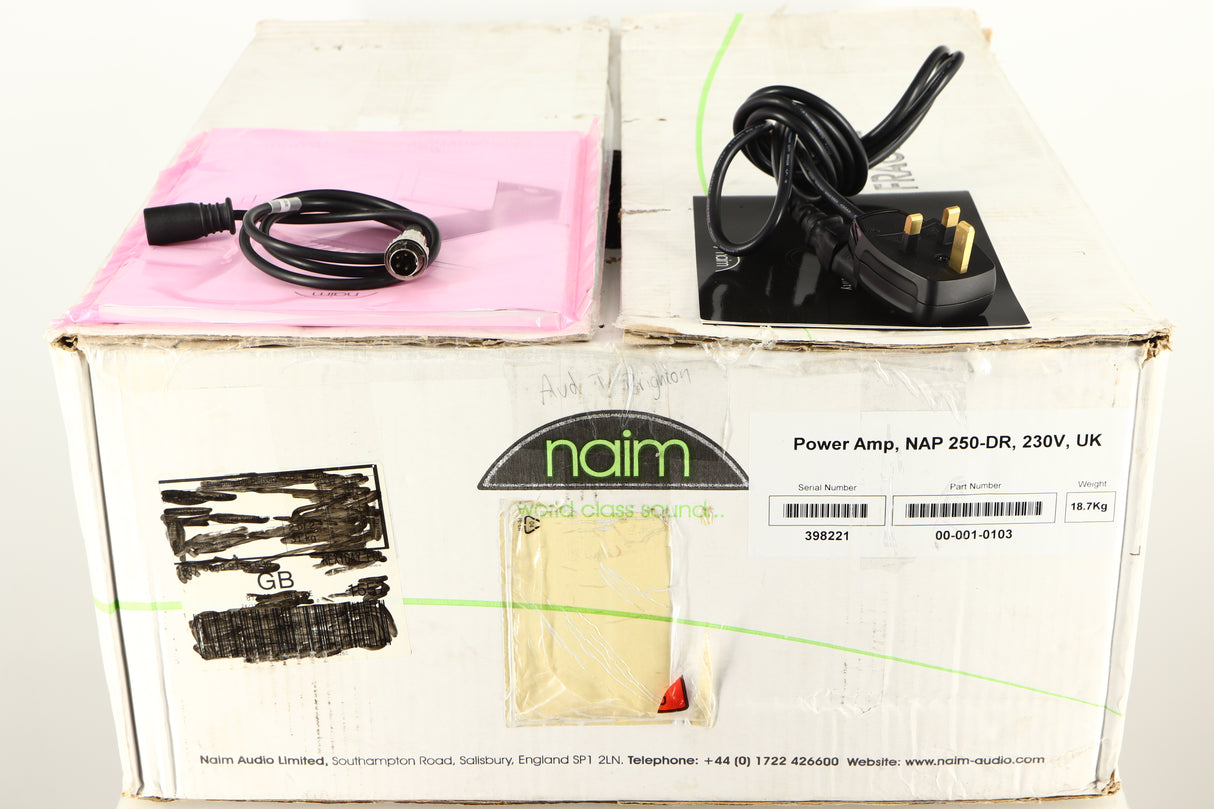 Box for a used Naim NAP250 DR Power Amplifier in a black finish showing Mains Cable, Manual and SNAIC4