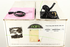 Box for a used Naim NAP250 DR Power Amplifier in a black finish showing Mains Cable, Manual and SNAIC4