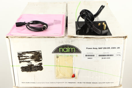 Box for a used Naim NAP250 DR Power Amplifier in a black finish showing Mains Cable, Manual and SNAIC4