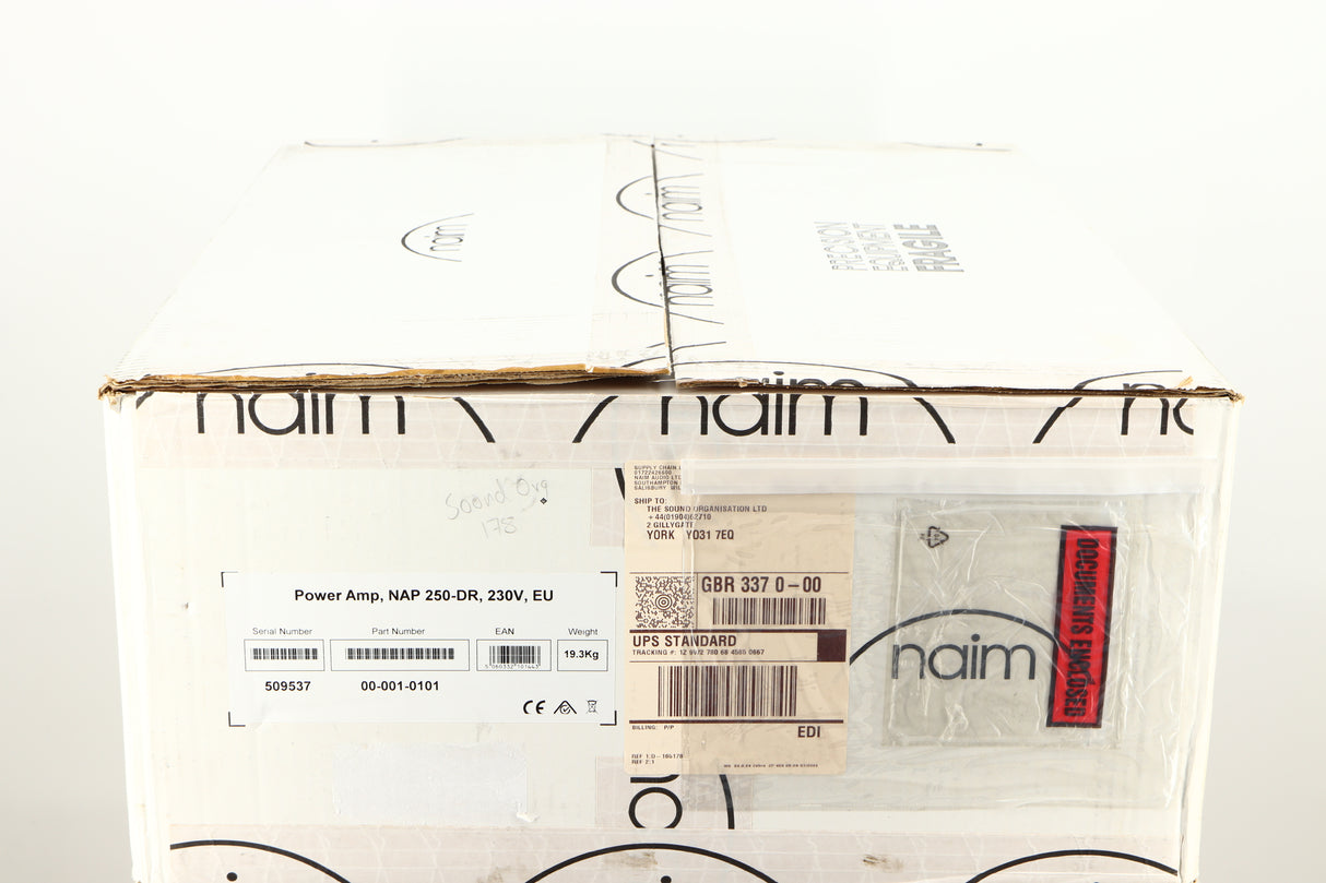 Box for a used Naim NAP250 DR Power Amplifier in a black finish 
