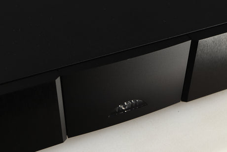 Close up of a used Naim NAP250 DR Power Amplifier in a black finish showing small nick on front edge