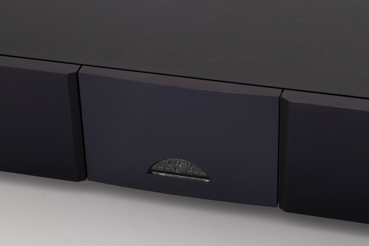 Close up of a used Naim NAP250 DR Power Amplifier in a Black finish showing some of the fascia