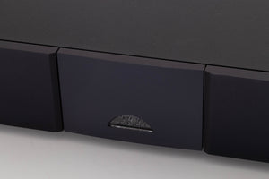 Close up of a used Naim NAP250 DR Power Amplifier in a Black finish showing some of the fascia
