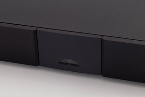 Close up of a used Naim NAP250 DR Power Amplifier in a Black finish showing logo