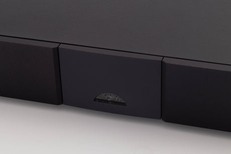 Close up of a used Naim NAP250 DR Power Amplifier in a Black finish showing logo