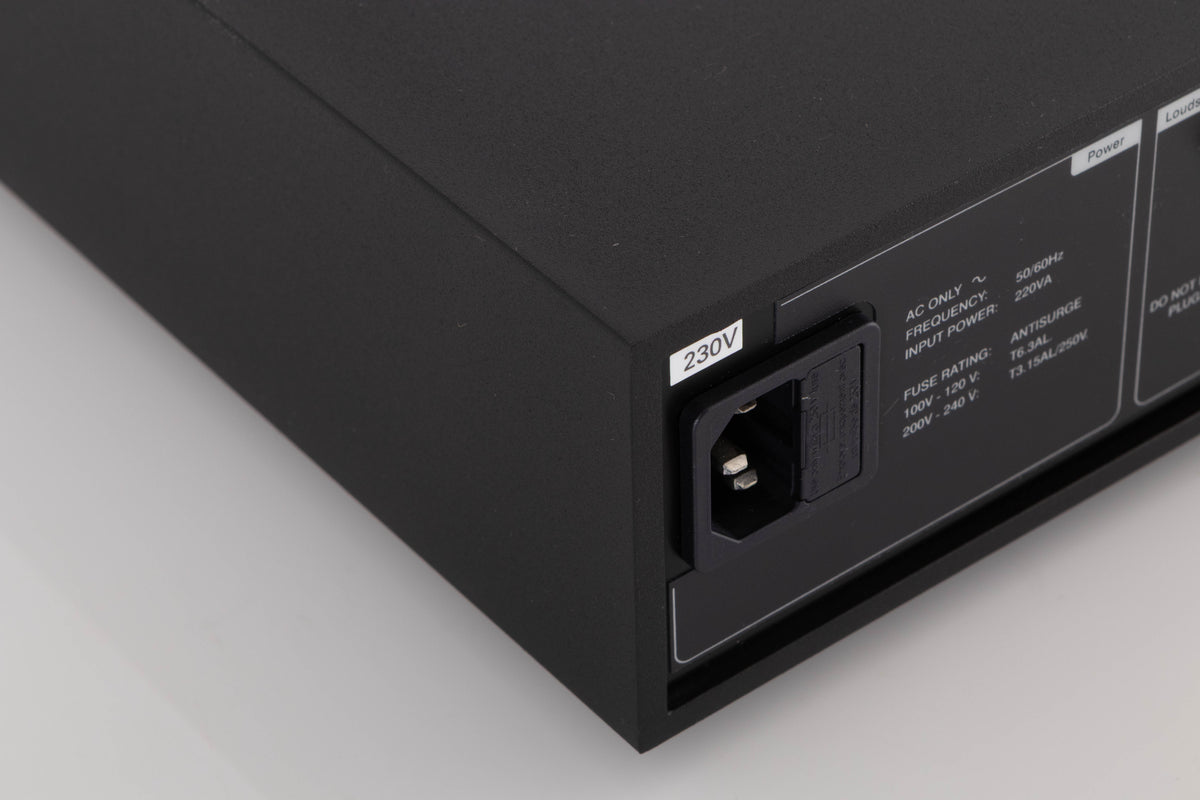Rear right corner of a used Naim NAP250 DR Power Amplifier in a Black finish