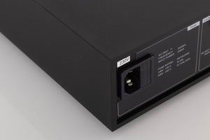 Rear right corner of a used Naim NAP250 DR Power Amplifier in a Black finish