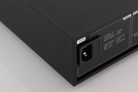 Rear right corner of a used Naim NAP250 DR Power Amplifier in a Black finish