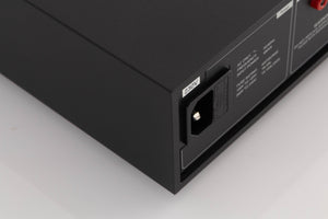Rear right corner of a used Naim NAP250 DR Power Amplifier in a Black finish