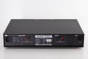 Rear view of a used Naim NAP250 DR Power Amplifier in a Black finish showing XLR Input and Mains Input