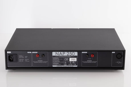 Rear view of a used Naim NAP250 DR Power Amplifier in a Black finish showing XLR Input and Mains Input