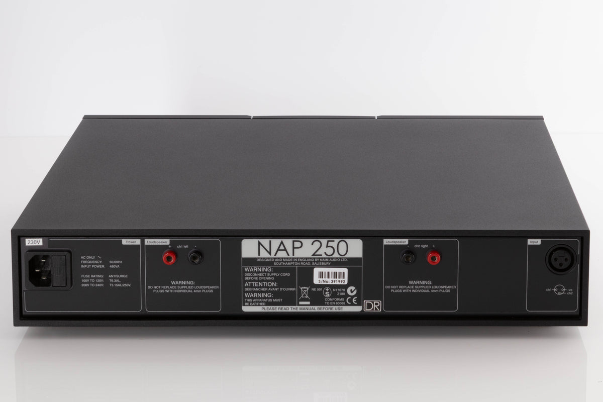 Rear view of a used Naim NAP250 DR Power Amplifier in a Black finish showing Mains Input and XLR Input