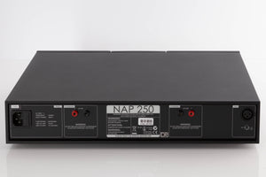 Rear view of a used Naim NAP250 DR Power Amplifier in a Black finish showing Mains Input and XLR Input
