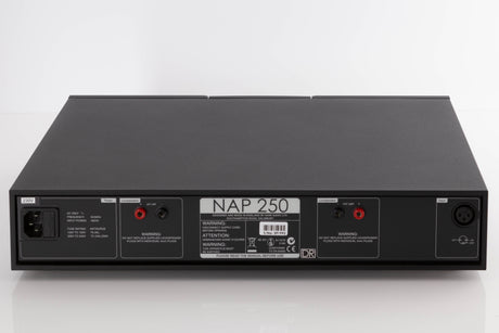 Rear view of a used Naim NAP250 DR Power Amplifier in a Black finish showing Mains Input and XLR Input
