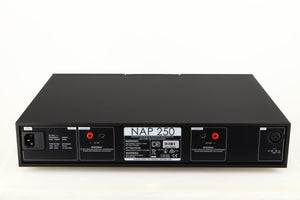 Rear view of a used Naim NAP250 DR Power Amplifier in a black finish showing Speaker Outputs, XLR Input and Mains Input