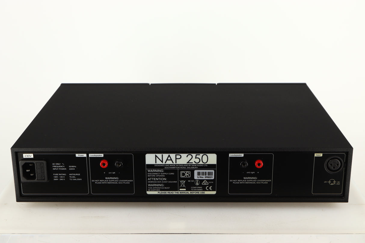 Rear view of a used Naim NAP250 DR Power Amplifier in a black finish showing Mains Input and Speaker Output
