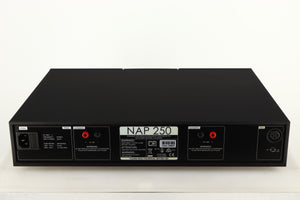 Rear view of a used Naim NAP250 DR Power Amplifier in a black finish showing Mains Input and Speaker Output