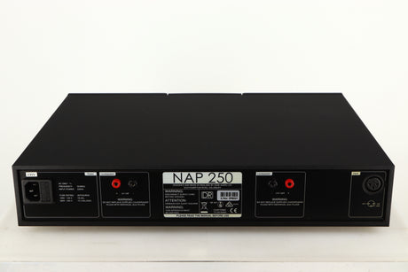Rear view of a used Naim NAP250 DR Power Amplifier in a black finish showing Mains Input and Speaker Output
