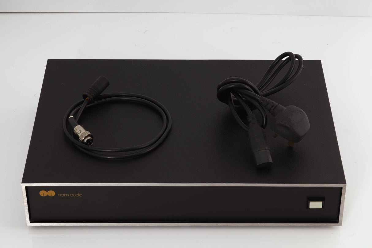 Top of a used Naim NAP250 Power Amplifier in a black finish showing Mains Cable and SNAIC4