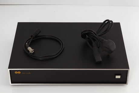 Top of a used Naim NAP250 Power Amplifier in a black finish showing Mains Cable and SNAIC4