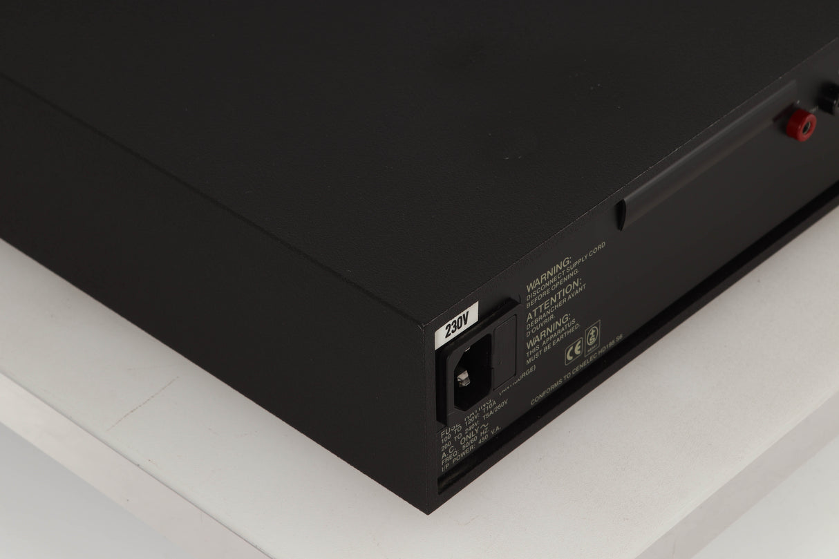 Rear right corner of a used Naim NAP250 Power Amplifier in a black finish